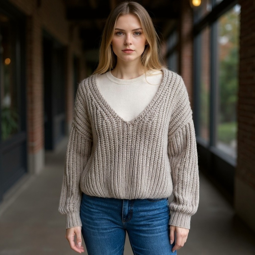 H&M Womens Ribbed V-Neck Sweater Taupe Recycled Wool Blend Pullover Size L NEW
